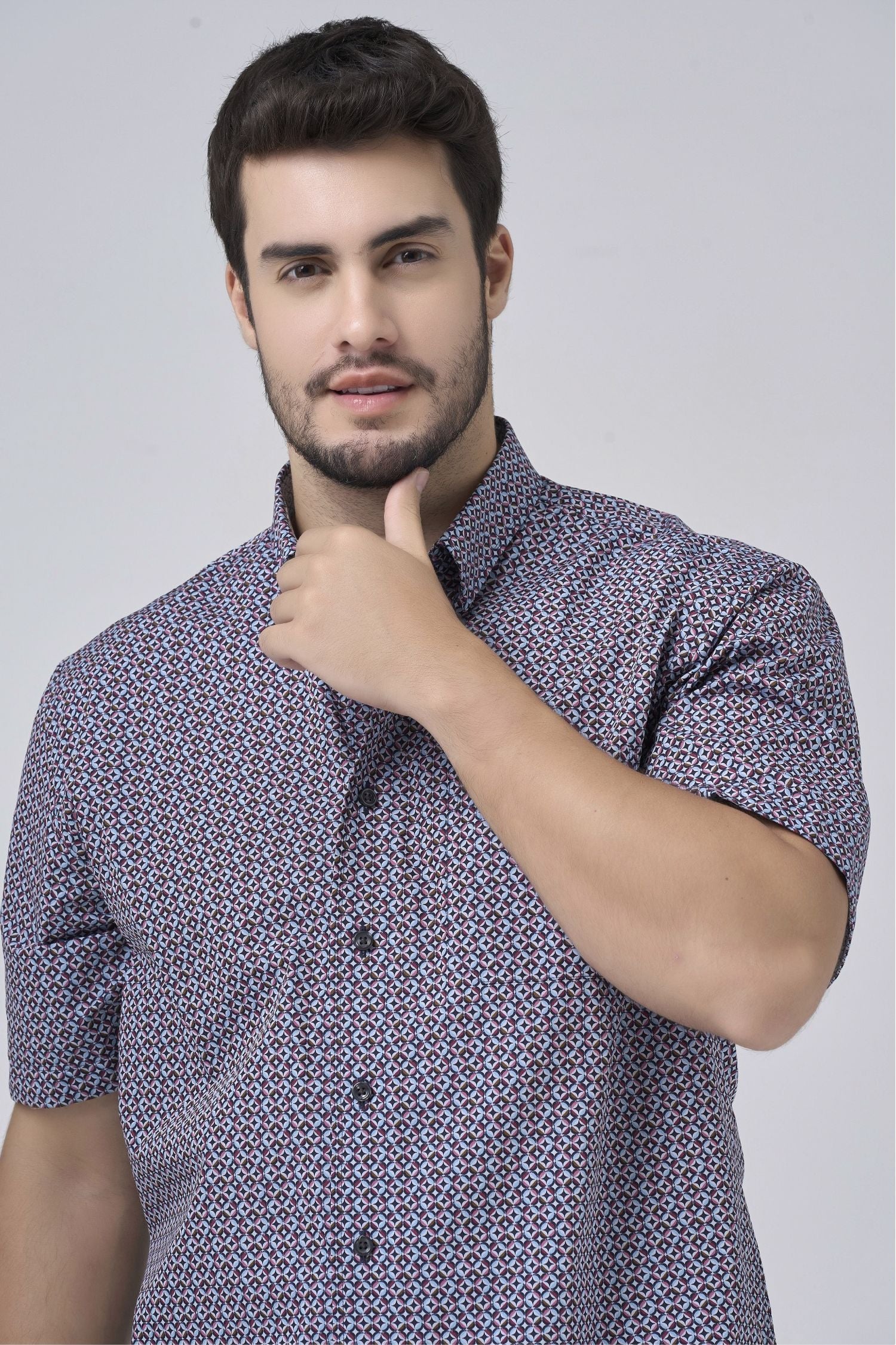 Black, Red, Rose, and Sky Print Short Sleeve No-Iron Cotton Sport Shirt with Hidden Button Down Collar by Leo Chevalier