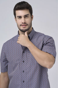 Black, Red, Rose, and Sky Print Short Sleeve No-Iron Cotton Sport Shirt with Hidden Button Down Collar by Leo Chevalier