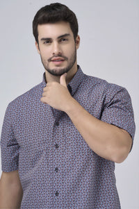 Black, Red, Rose, and Sky Print Short Sleeve No-Iron Cotton Sport Shirt with Hidden Button Down Collar by Leo Chevalier
