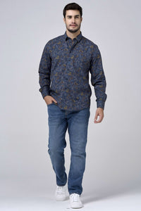Navy and Gold Floral Paisley Print No-Iron Cotton Sport Shirt with Hidden Button Down Collar by Leo Chevalier