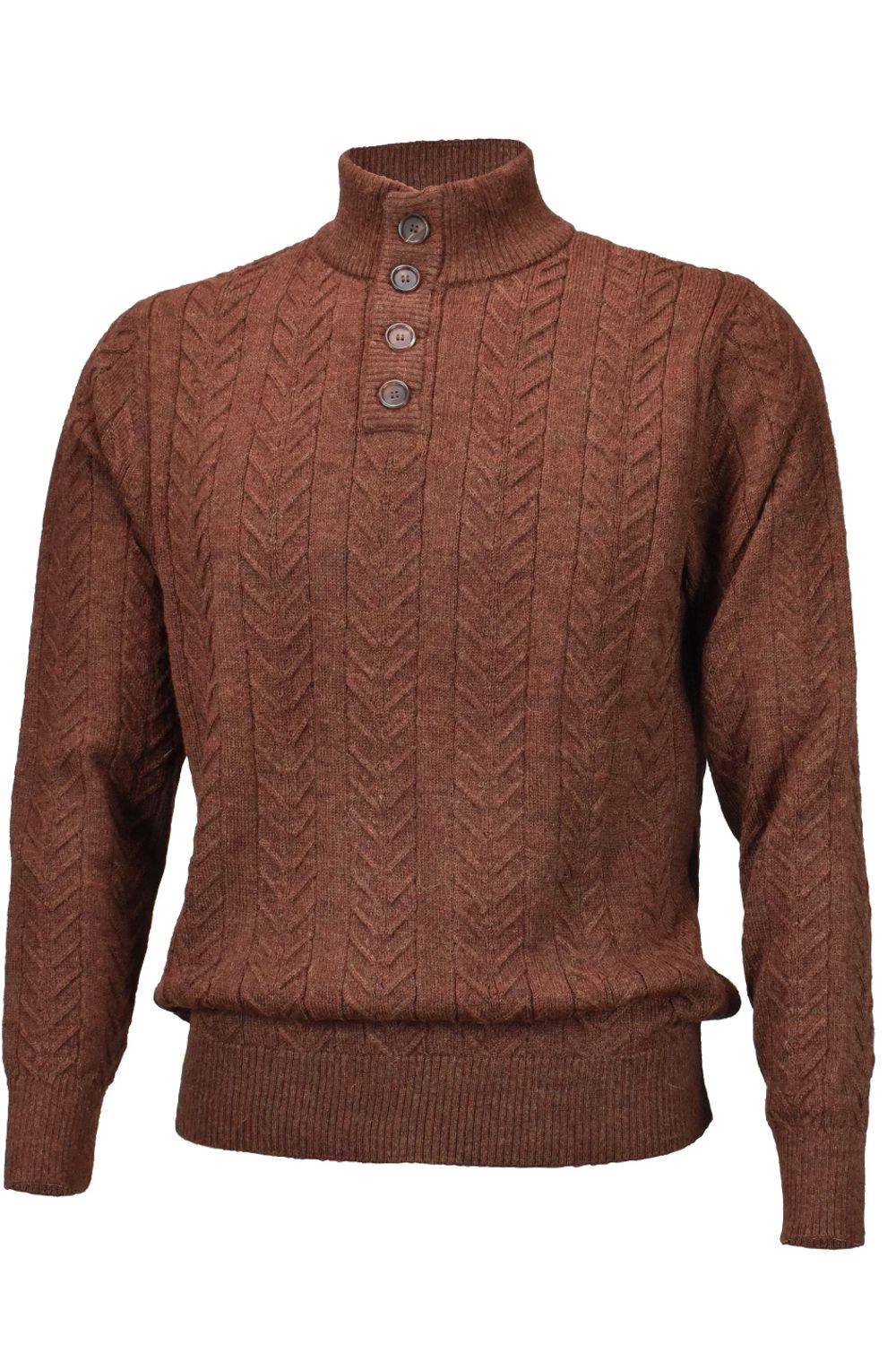 Royal Alpaca Cable Knit Button-Mock Sweater in Rust Heather by Peru Unlimited