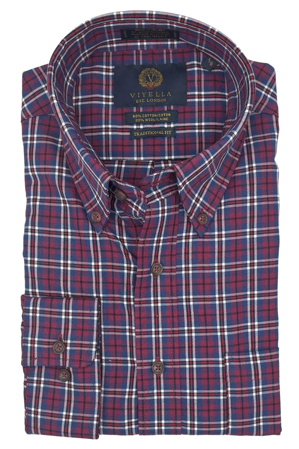 Wine, Blue, and Black Plaid Cotton and Wool Blend Button-Down Shirt by Viyella