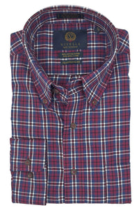 Wine, Blue, and Black Plaid Cotton and Wool Blend Button-Down Shirt by Viyella