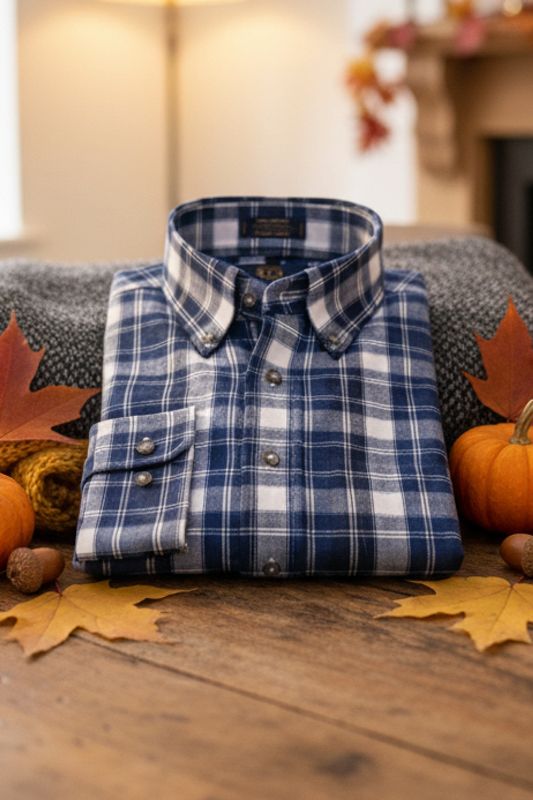 Blue, White, and Charcoal Plaid Cotton and Wool Blend Button-Down Shirt (Tailored Fit) by Viyella