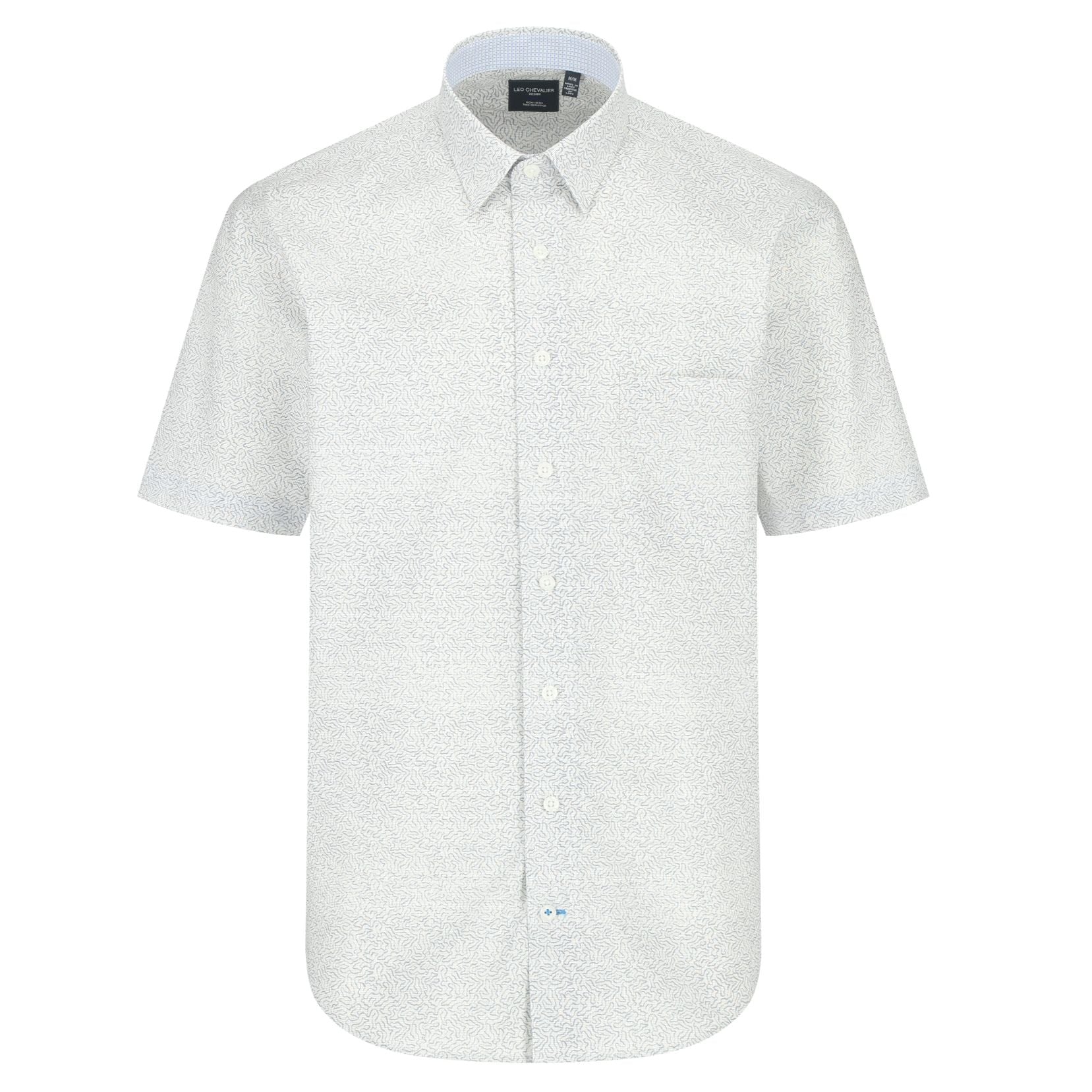 Grey Geometric Wave Print Short Sleeve No-Iron Cotton Sport Shirt with Hidden Button Down Collar by Leo Chevalier
