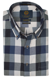 Navy Herringbone Plaid Cotton and Wool Blend Button-Down Shirt by Viyella