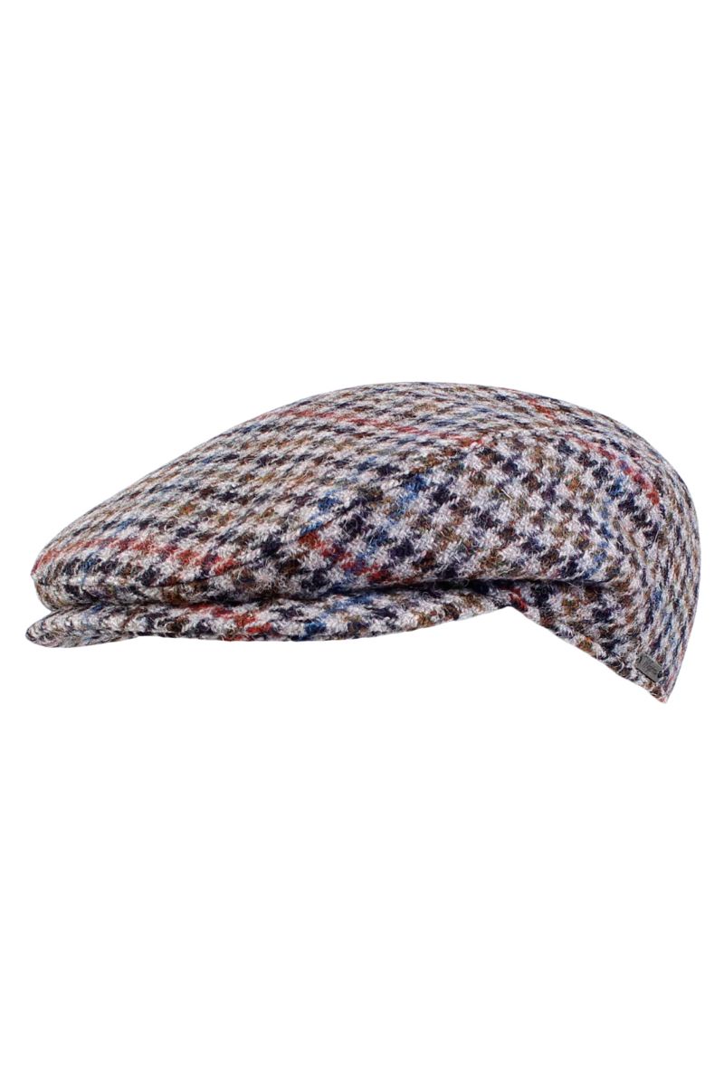 Ivy Slim Harris Tweed Wool Cap in Light Grey Multi Club Check by Wigens