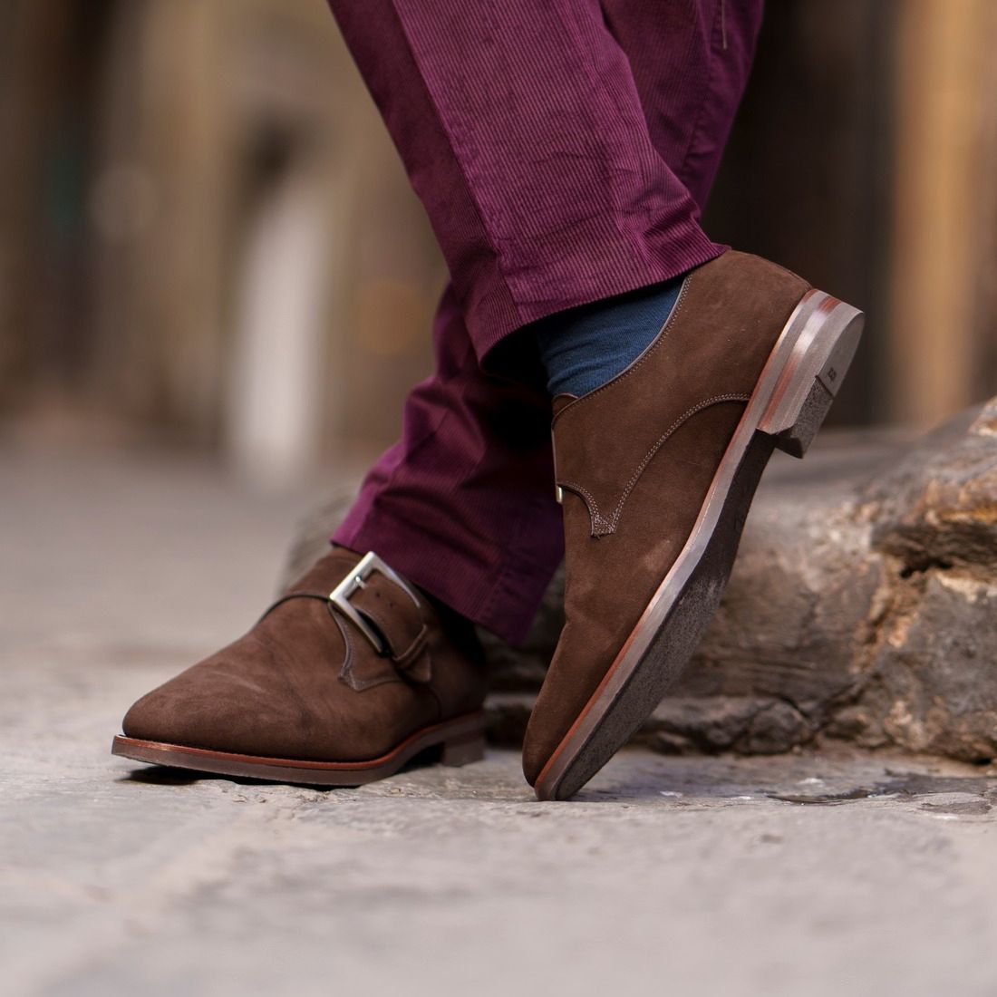 Hebilla Italian Suede Monk Strap Shoe in Dark Brown by Zelli Italia