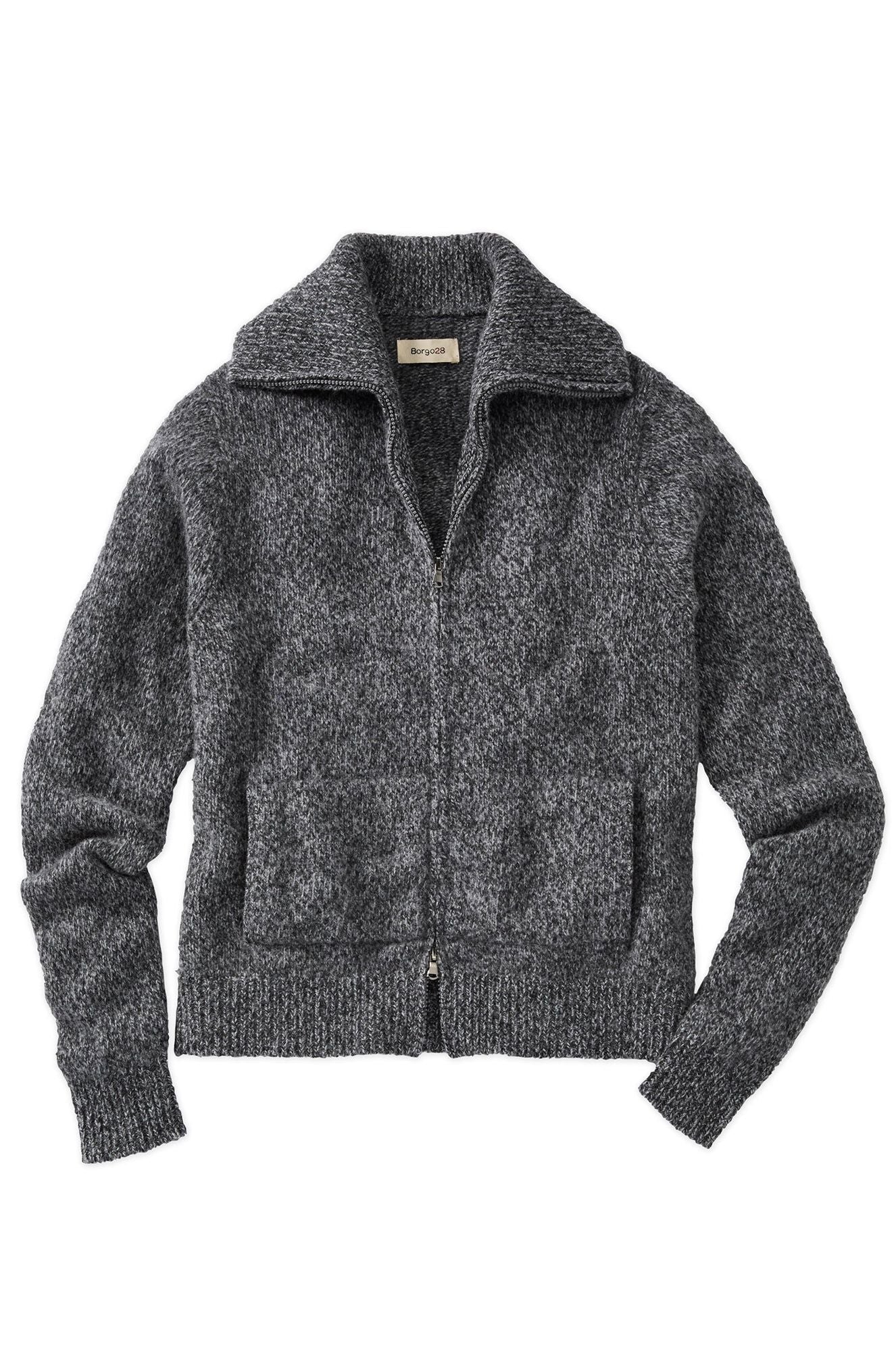 Wool and Cashmere Kangaroo Pocket Zip-Front Cardigan Sweater in Charcoal by Borgo28
