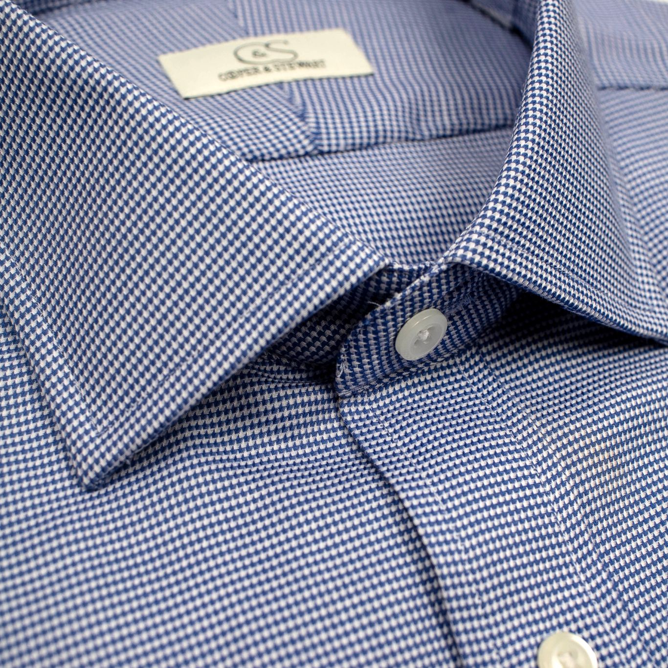 Blue and White Dobby Houndstooth Wrinkle-Free Cotton Dress Shirt with Spread Collar by Cooper & Stewart