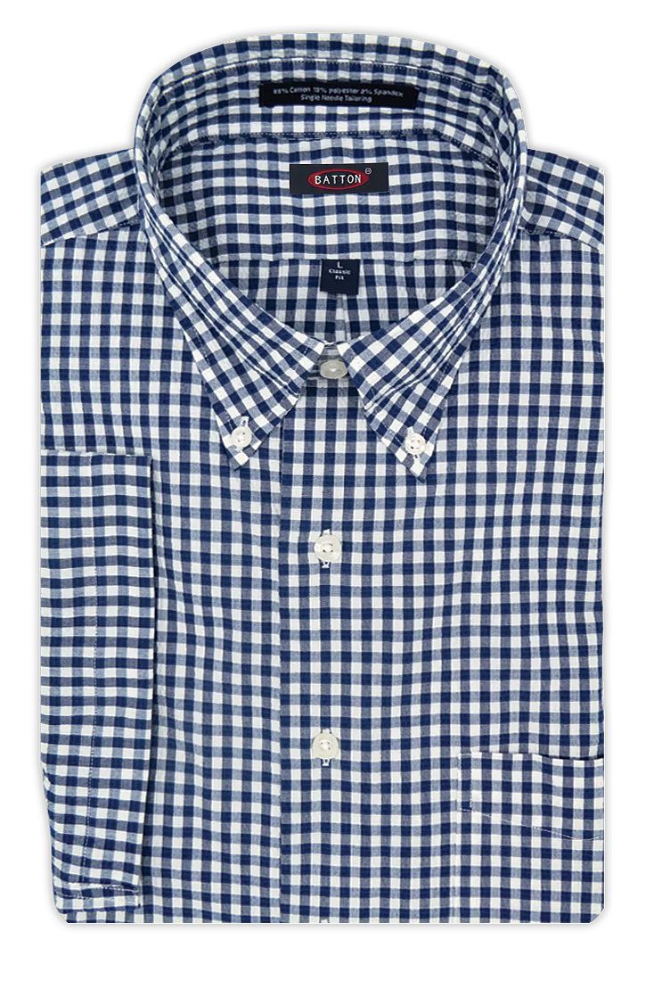 'Micah' Midnight Navy and White Gingham Check Short Sleeve Performance Seersucker Sport Shirt by Batton