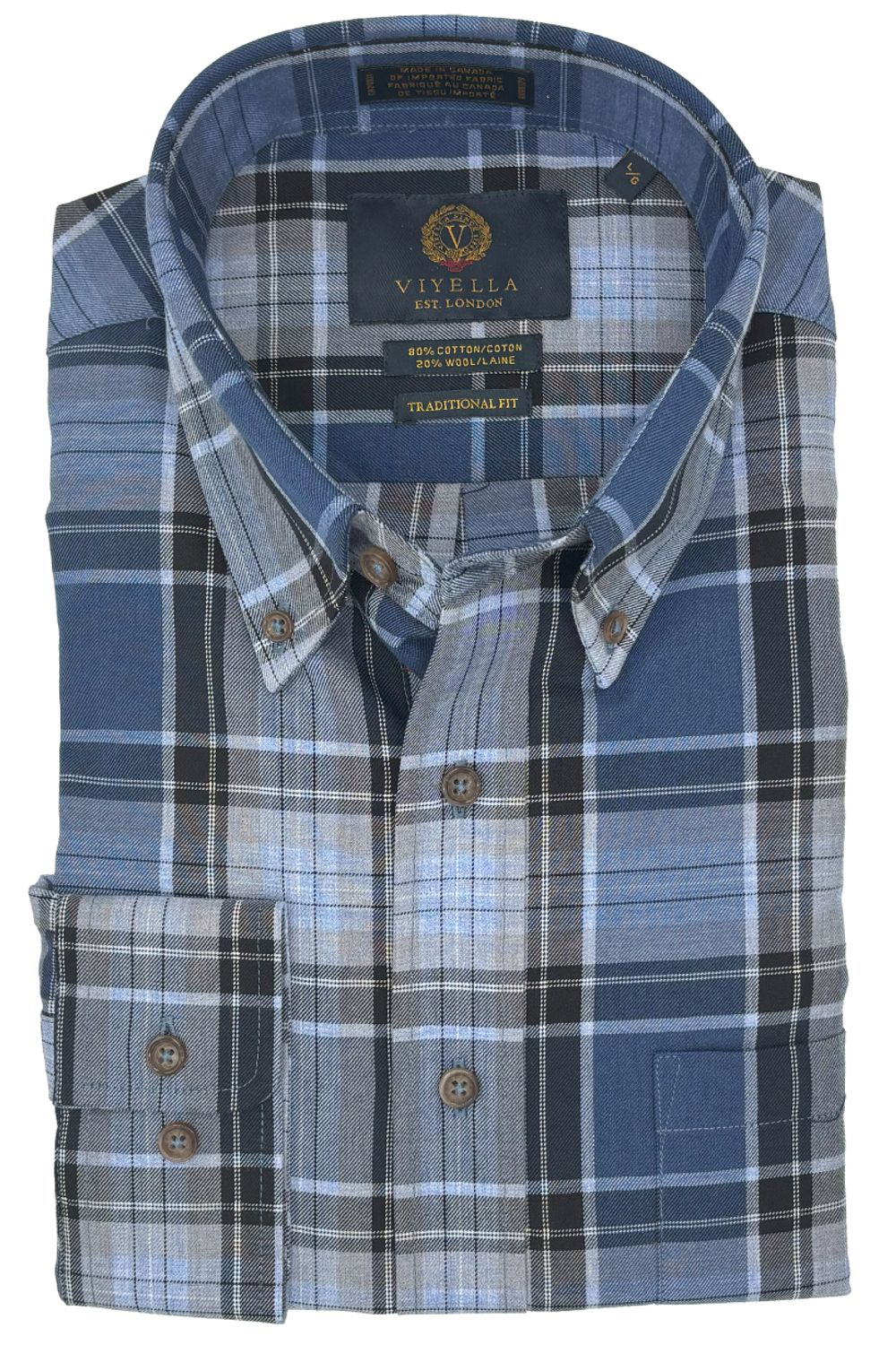 Denim Blue and Grey Plaid Cotton and Wool Blend Button-Down Shirt by Viyella