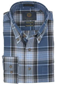 Denim Blue and Grey Plaid Cotton and Wool Blend Button-Down Shirt by Viyella