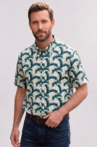 Blue and Green Tropical Leaf Stretch Cotton Short Sleeve Sport Shirt by Viyella