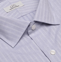 Tonal Grey-Blue Text Dobby Stripe Wrinkle-Free Cotton Dress Shirt by Cooper & Stewart