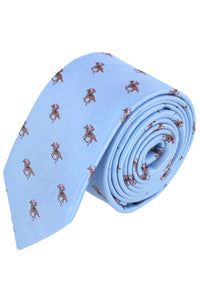 Down the Stretch Racehorse Pattern Linen and Silk Blend Tie in Light Blue by Trafalgar