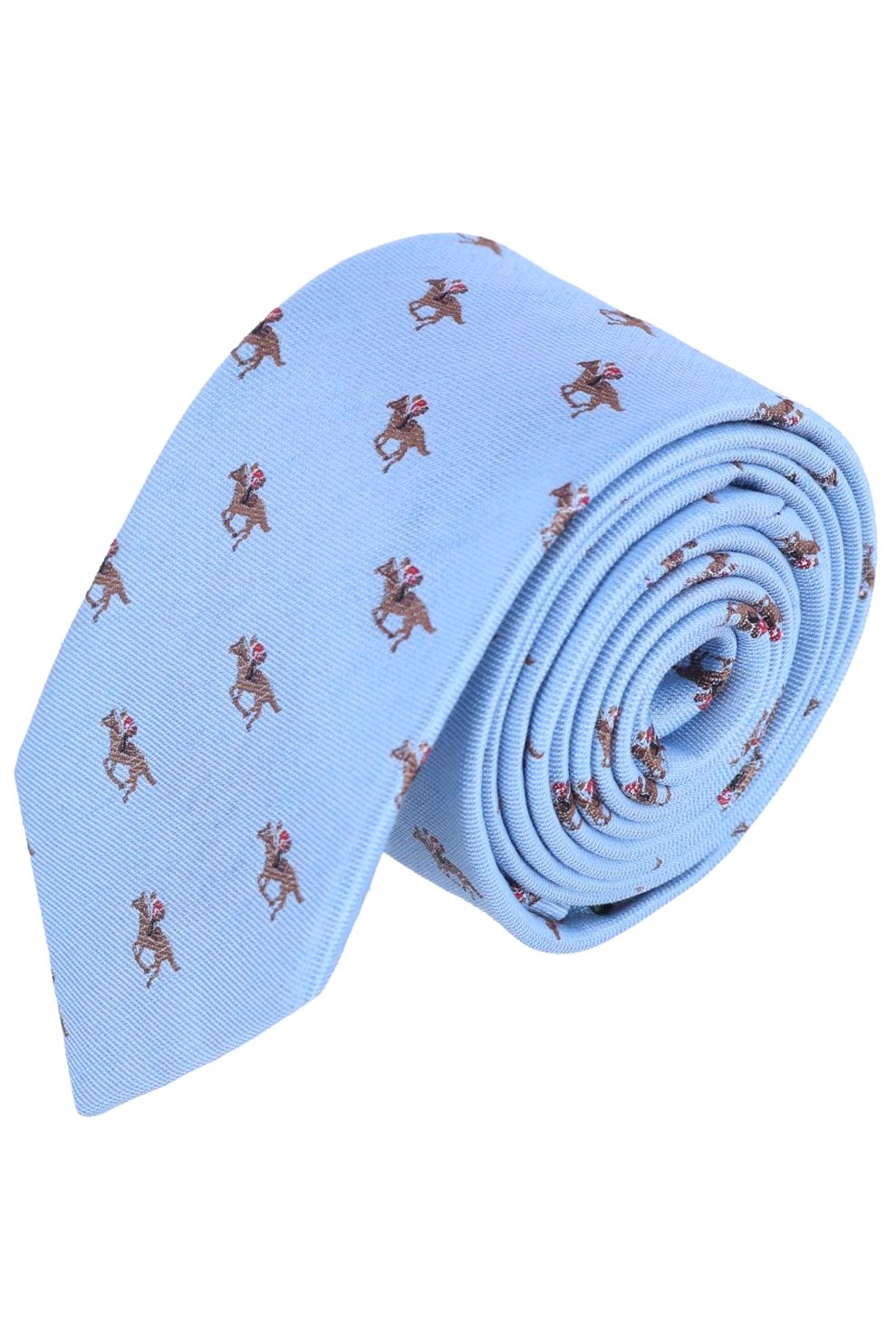 Down the Stretch Racehorse Pattern Linen and Silk Blend Tie in Light Blue by Trafalgar
