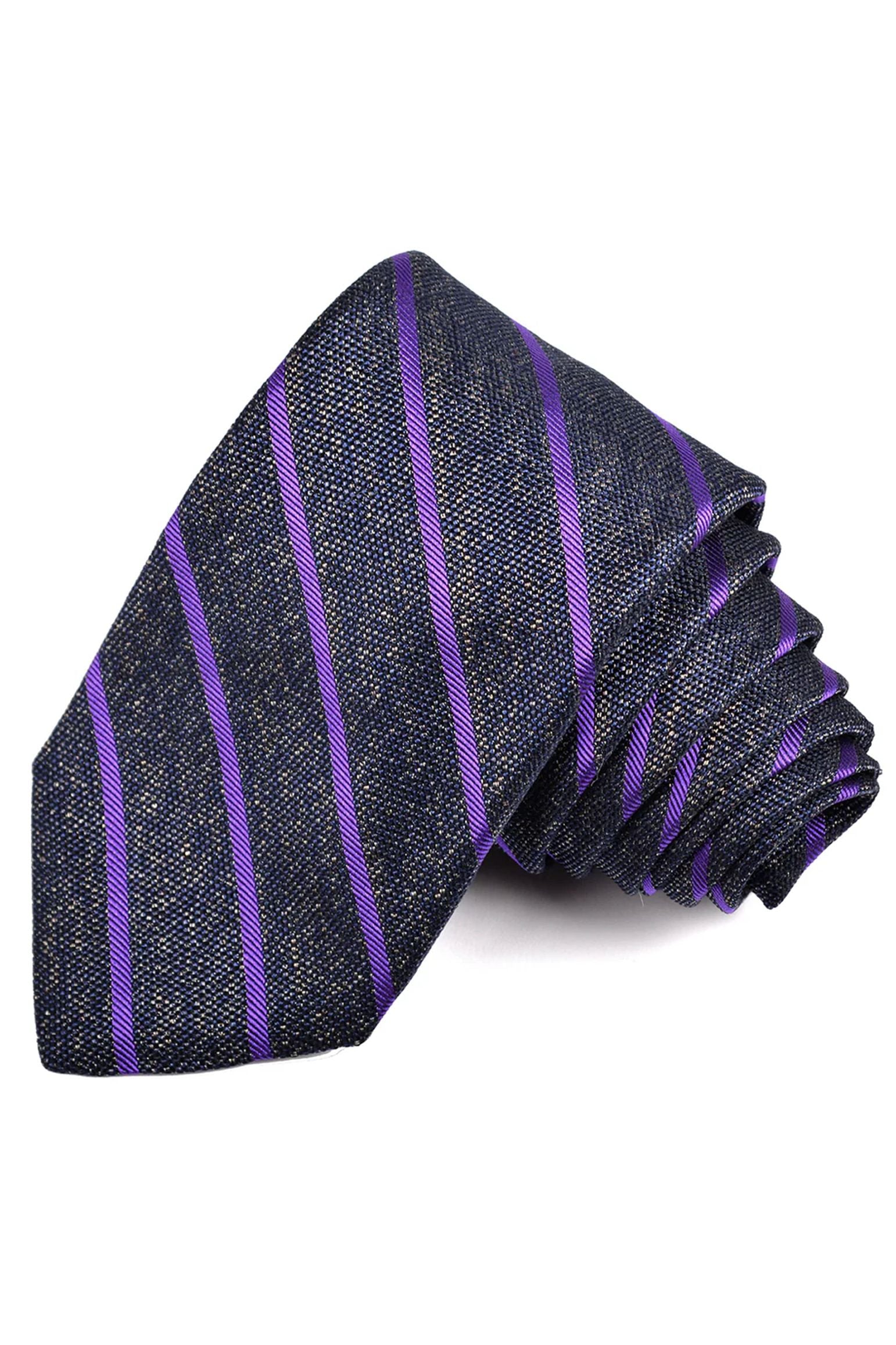 Grey, Navy, and Purple Donegal Bar Stripe Woven Silk Jacquard Tie by Dion Neckwear