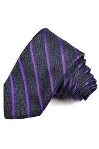 Grey, Navy, and Purple Donegal Bar Stripe Woven Silk Jacquard Tie by Dion Neckwear