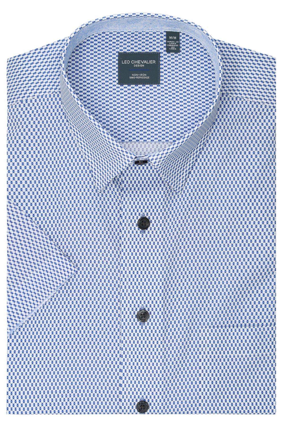 Blue and White Micro Geometric Print Short Sleeve No-Iron Cotton Sport Shirt with Hidden Button Down Collar by Leo Chevalier