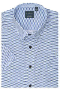Blue and White Micro Geometric Print Short Sleeve No-Iron Cotton Sport Shirt with Hidden Button Down Collar by Leo Chevalier
