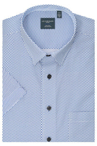 Blue and White Micro Geometric Print Short Sleeve No-Iron Cotton Sport Shirt with Hidden Button Down Collar by Leo Chevalier