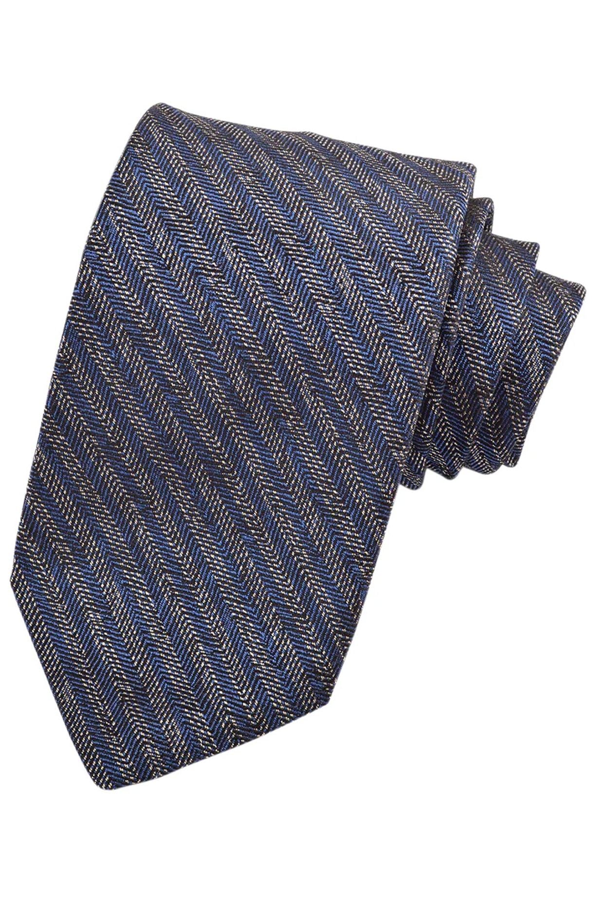 French Blue, Silver, and Black Broken Stripe Woven Silk Jacquard Tie by Dion Neckwear