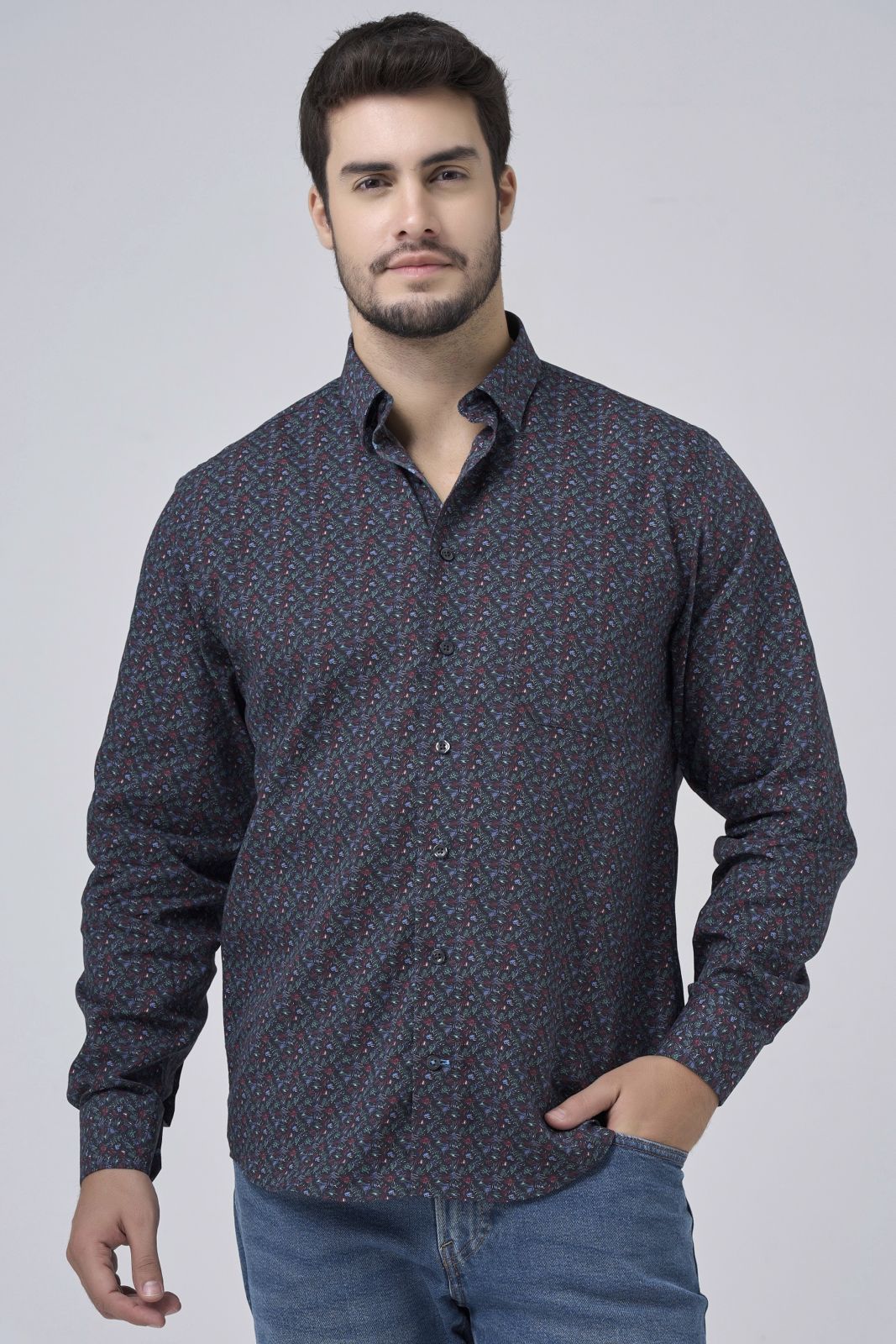 dress shirts with hidden collar buttons Navy, Green, and Wine Abstract Print No-Iron Cotton Sport Shirt with H