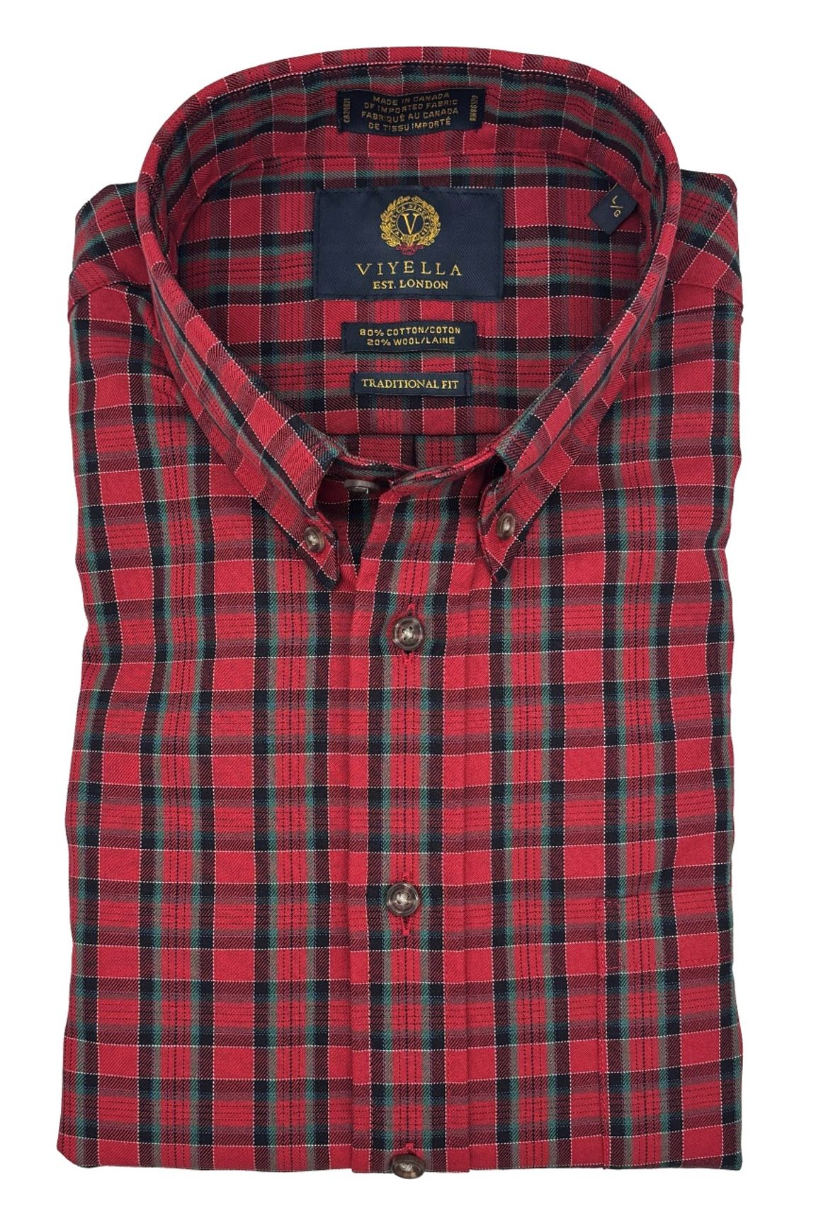 Red, Black, and Green Plaid Cotton and Wool Blend Button-Down Shirt by Viyella