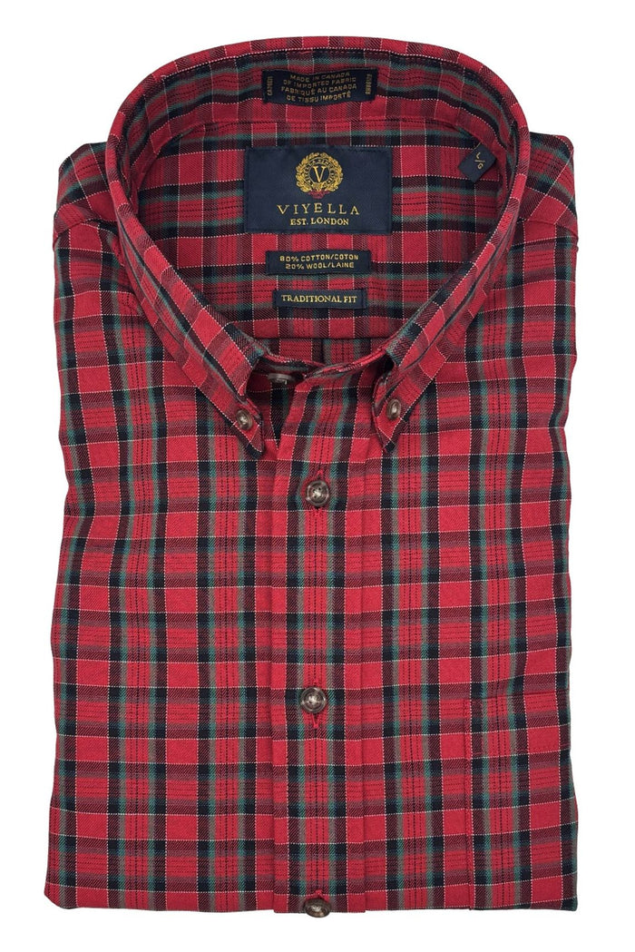 Red, Black, and Green Plaid Cotton and Wool Blend Button-Down Shirt by Viyella