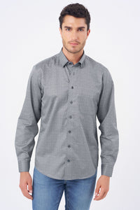 Grey Geometric Print Cotton Sport Shirt with Hidden Button Down Collar by Leo Chevalier