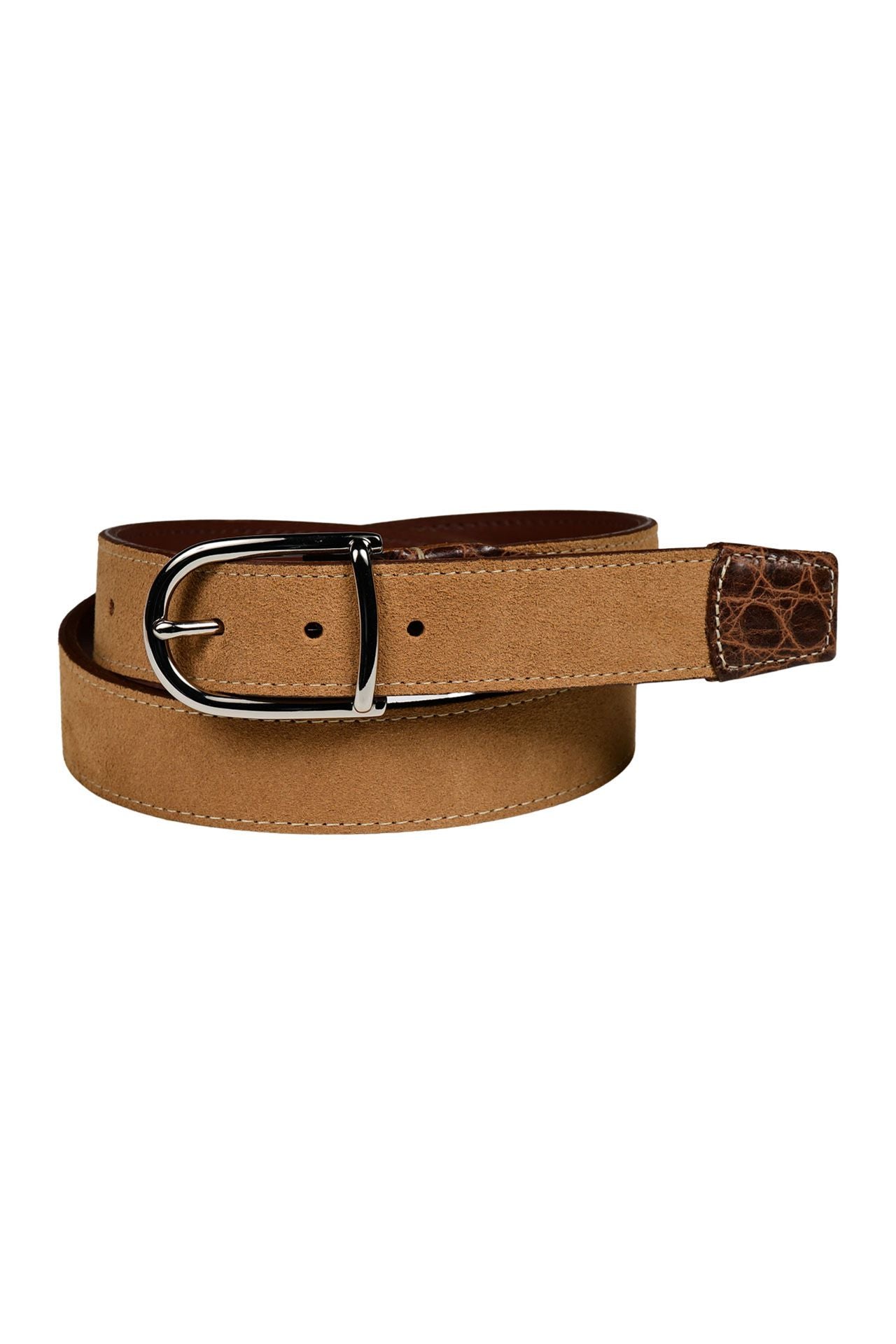 Sueded Calfskin Casual Belt with Crocodile-Embossed Calfskin Tabs in Sunset Tan by Torino Leather