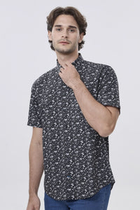 Black and Grey Floral Print Short Sleeve No-Iron Cotton Sport Shirt with Hidden Button Down Collar by Leo Chevalier