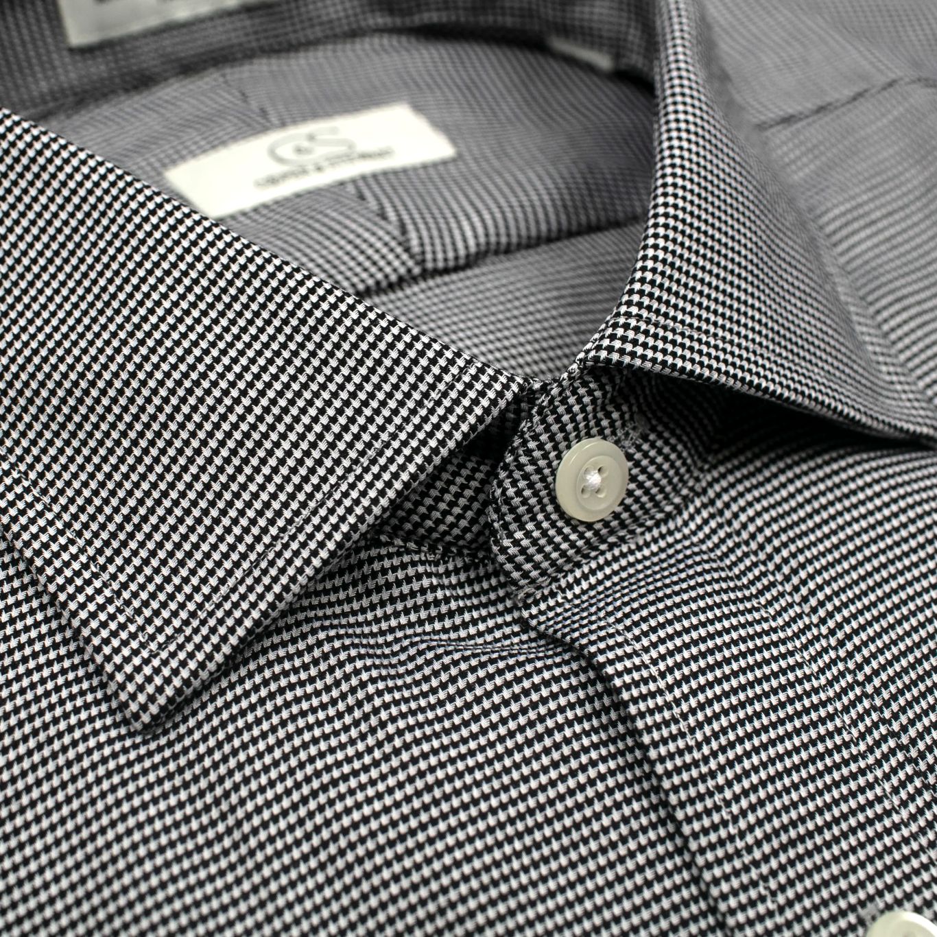 Black and White Dobby Houndstooth Wrinkle-Free Cotton Dress Shirt with Spread Collar by Cooper & Stewart