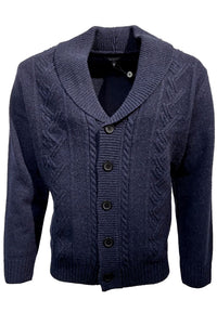 Shawl Collar Wool Blend Button-Front Cable Knit Cardigan Sweater (Size Large) in Indigo by Viyella