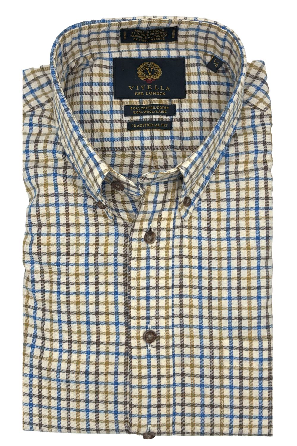 Blue, Olive, and Brown Mini Tattersall Cotton and Wool Blend Button-Down Shirt by Viyella