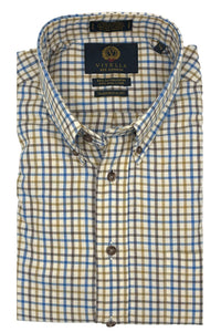 Blue, Olive, and Brown Mini Tattersall Cotton and Wool Blend Button-Down Shirt by Viyella