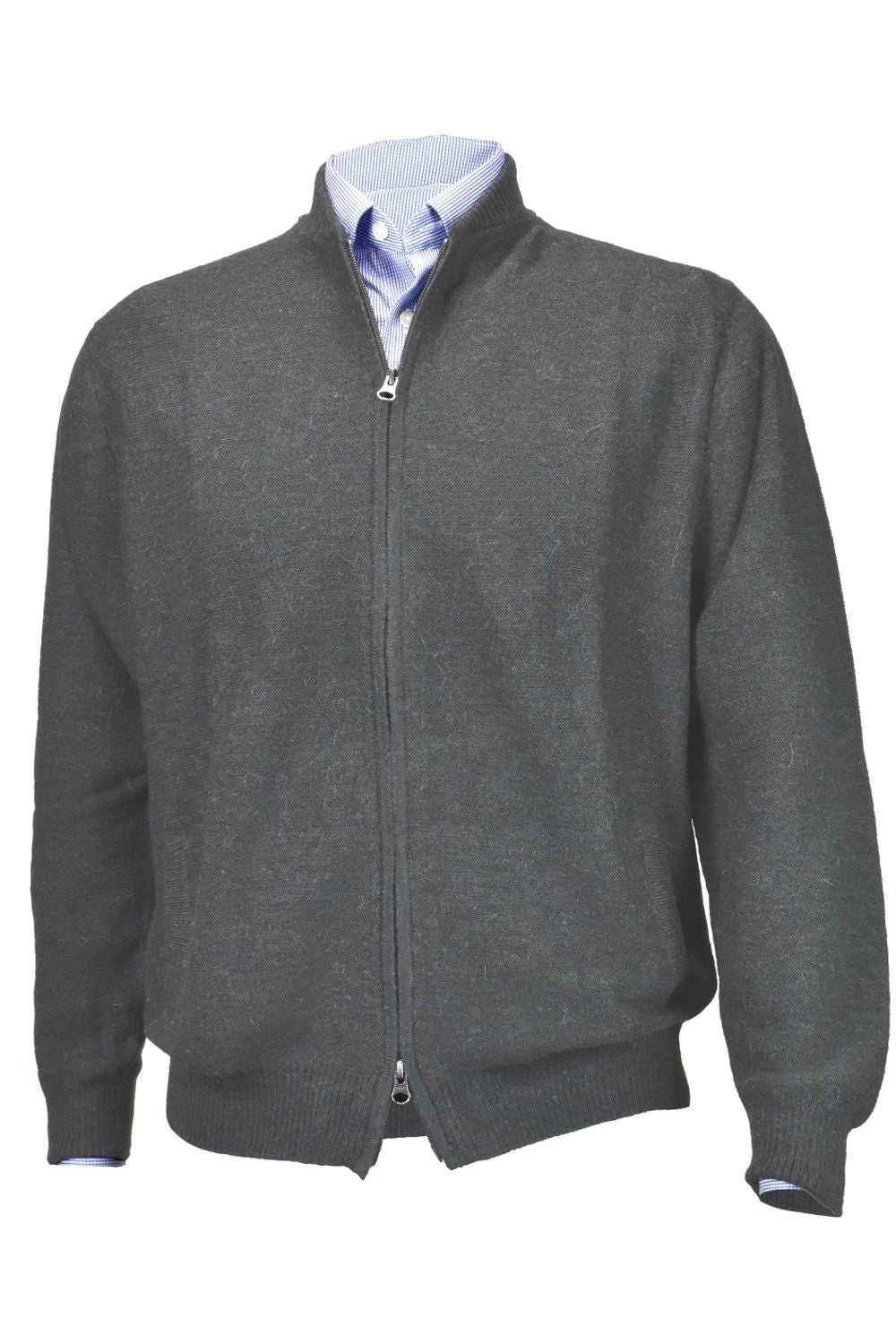 Royal Alpaca Double-Zip Cardigan Bomber Sweater Jacket in Grey by Peru Unlimited