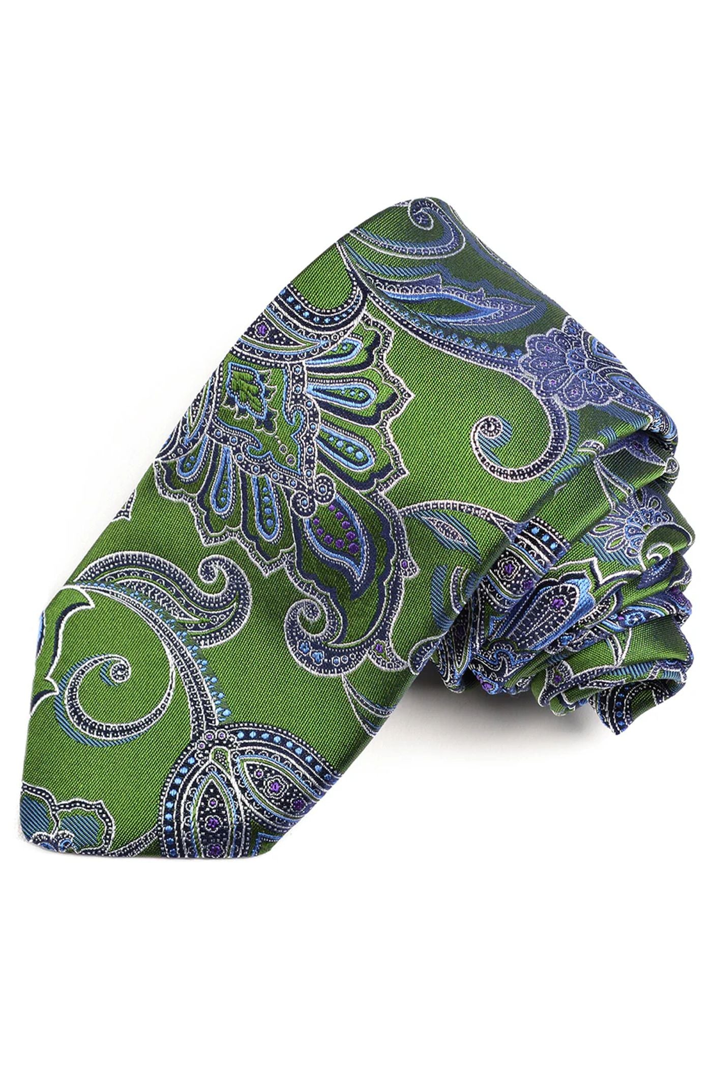 Green, French Blue, and Purple Paisley Floral Italian Silk Woven Jacquard Tie (Regular Length, 3" Wide) by Dion Neckwear