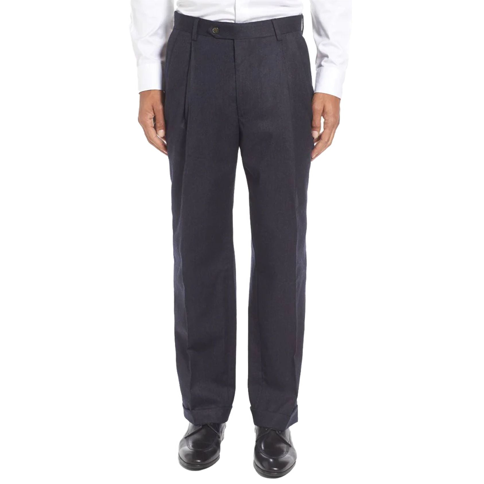 Super 100s Worsted Wool Flannel Trouser in Charcoal Blue Heather (Milan Double Reverse Pleat) by Berle