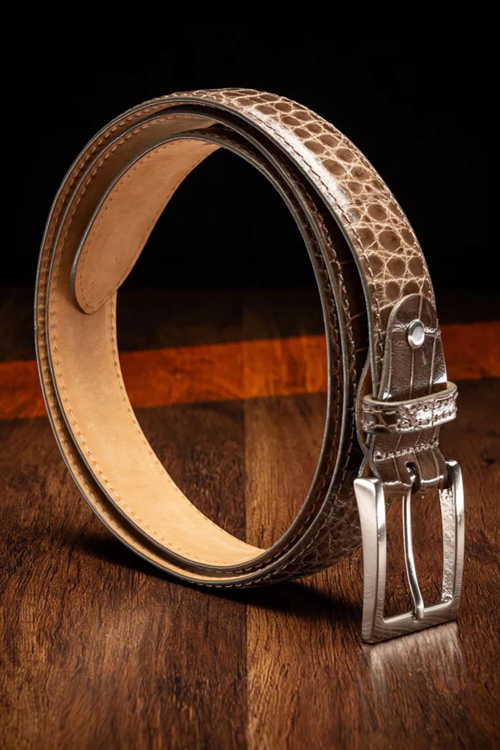 High Shine Alligator Belt in Taupe by Zelli Italia