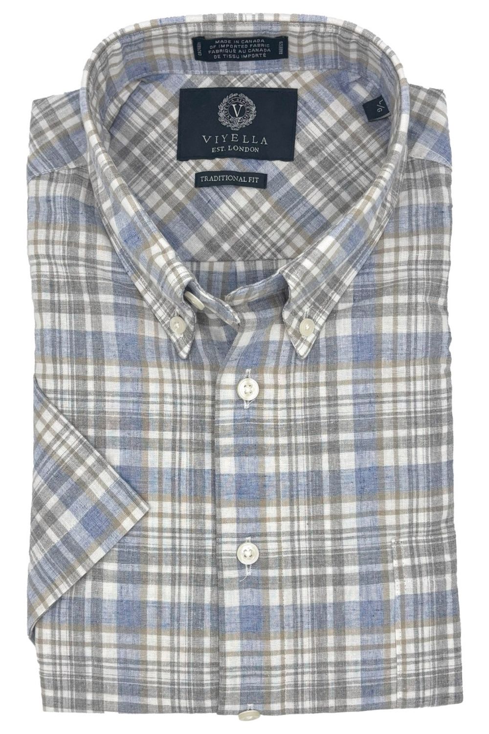 Blue, Grey, and Taupe Plaid Cotton and Linen Short Sleeve Sport Shirt by Viyella