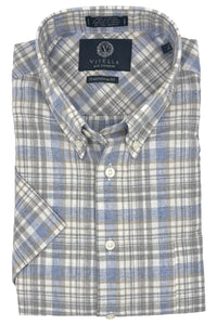 Blue, Grey, and Taupe Plaid Cotton and Linen Short Sleeve Sport Shirt by Viyella