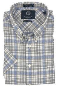 Blue, Grey, and Taupe Plaid Cotton and Linen Short Sleeve Sport Shirt by Viyella