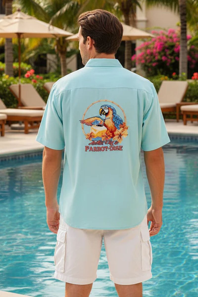 'Parrot-Dise' Embroidered Short Sleeve Resort Hawaiian Shirt in Turquesa by Weekender