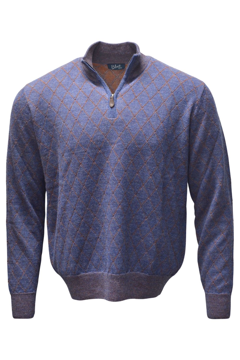 Baby Alpaca Diamond Raker Quarter-Zip Sweater in Denim/Burnt Orange by Blue 1899