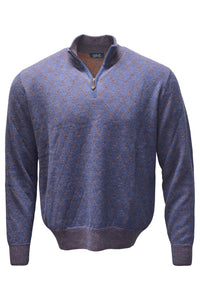 Baby Alpaca Diamond Raker Quarter-Zip Sweater in Denim/Burnt Orange by Blue 1899