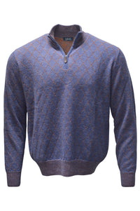Baby Alpaca Diamond Raker Quarter-Zip Sweater in Denim/Burnt Orange by Blue 1899