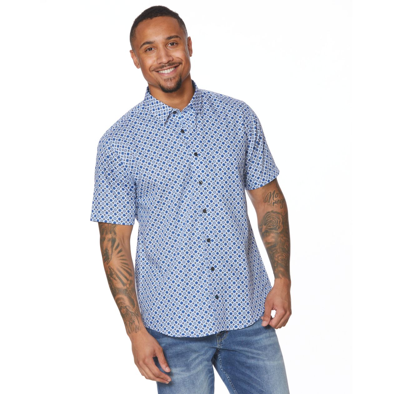 Blue Neat Geometric Print Short Sleeve No-Iron Cotton Sport Shirt with Hidden Button Down Collar by Leo Chevalier