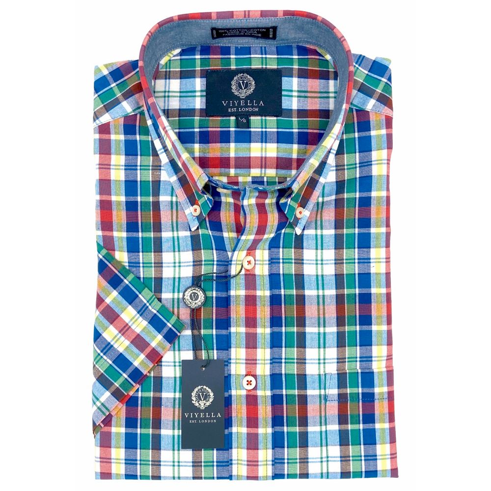Cotton Madras Short Sleeve Cotton Sport Shirt in Navy. Green, and Red Multi Plaid by Viyella